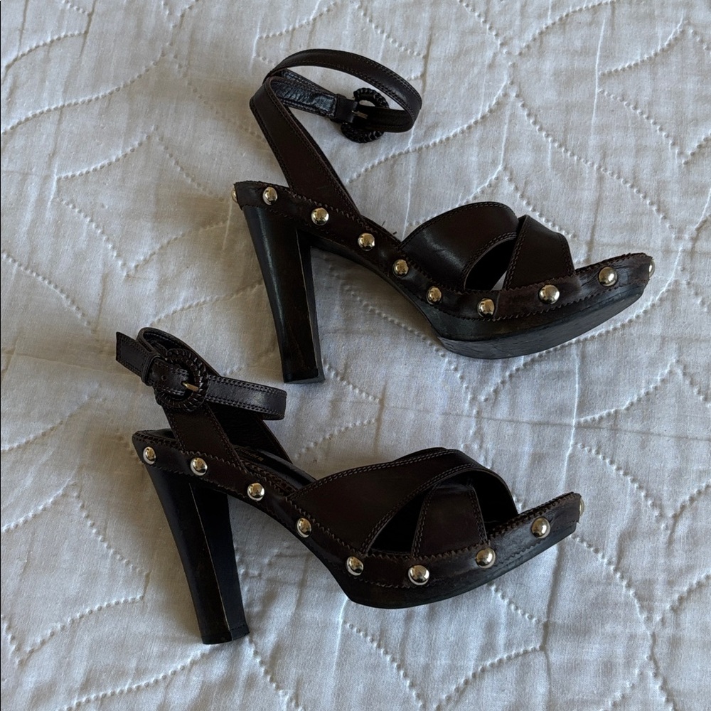 Vintage YSL Wood Stud Sandals Heels - Picture 3 of 16